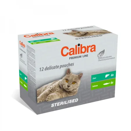 Calibra Cat Premium Sterilised Multipack Łosoś, wątróbka w sosie 12x100g